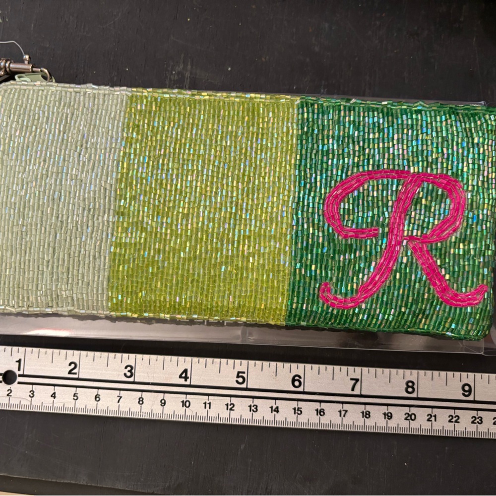 Liz Claiborne Green and Pink Beaded Clutch “R”